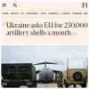 Україна просить Євросоюз щомісяця постачати по 250 тисяч артилерійських снарядів, — Financial Times з посиланням на листа глави Міноборони Резнікова