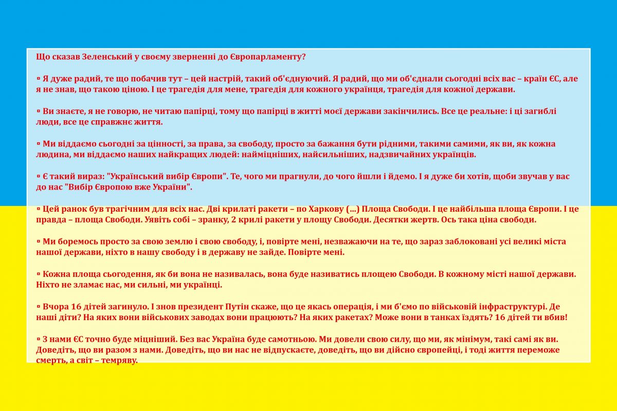 Що сказав Президент України Володимир Зеленський у своєму зверненні до Європарламенту? Що сказав Президент України Володимир Зеленський у своєму зверненні до Європарламенту?