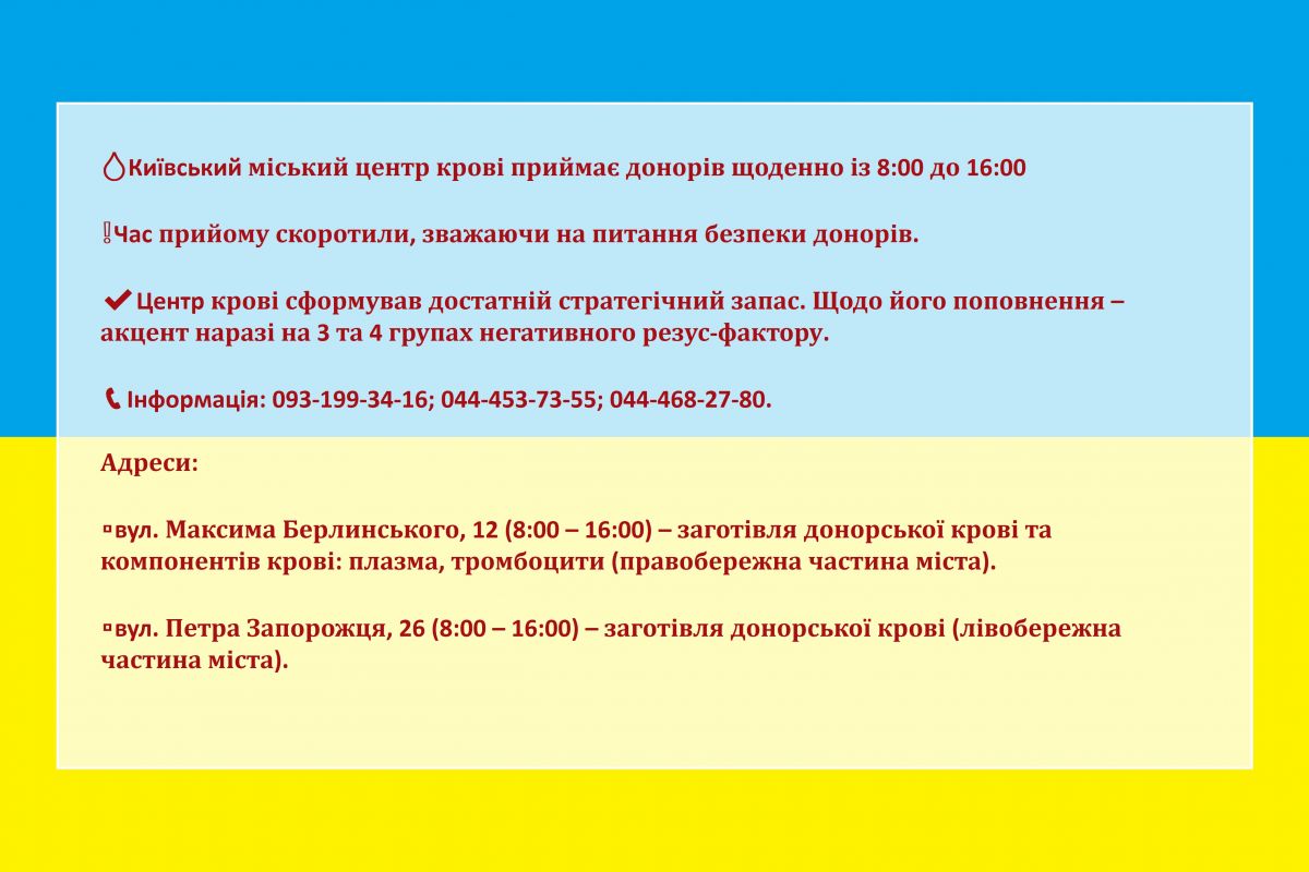 Київський міський центр крові приймає донорів щоденно із 8:00 до 16:00   Київський міський центр крові приймає донорів щоденно із 8:00 до 16:00