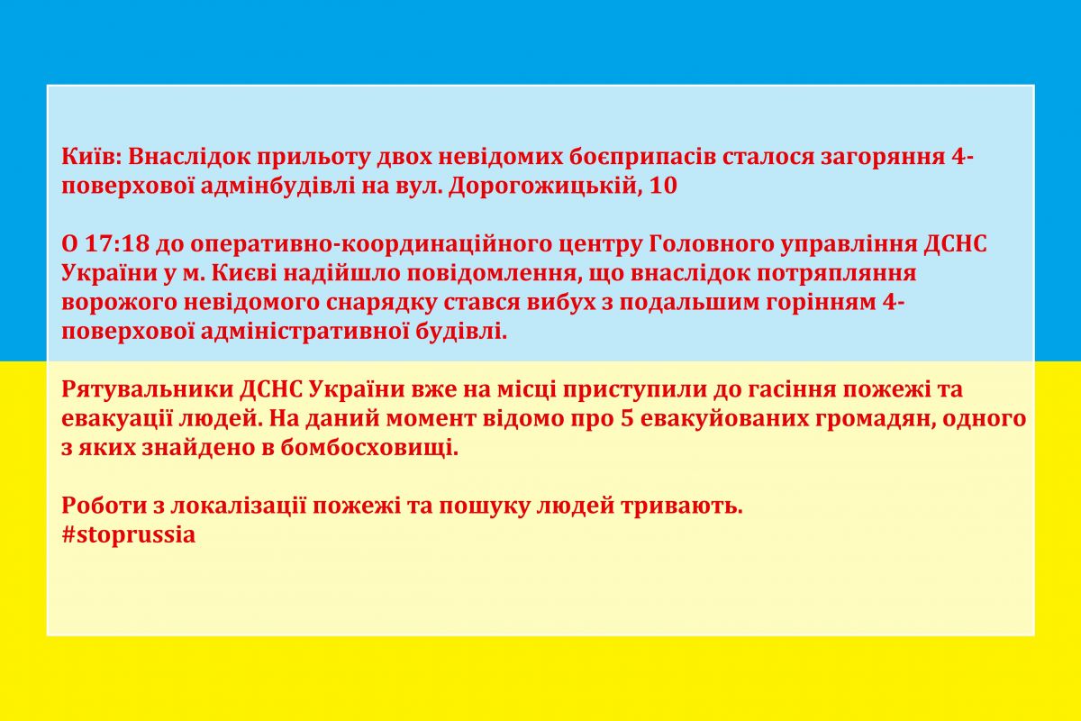 Київ: Внаслідок прильоту двох невідомих боєприпасів сталося загоряння 4-поверхової адмінбудівлі на вул. Дорогожицькій, 10