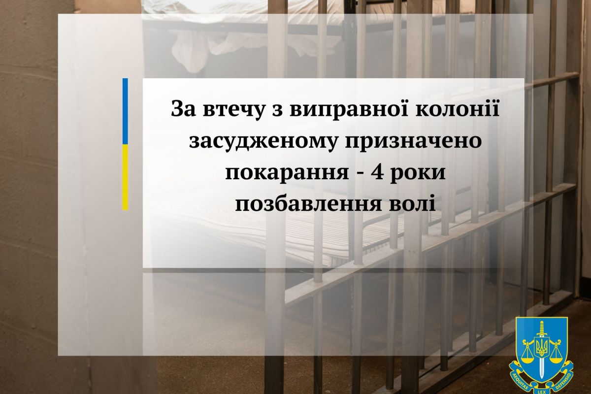 За втечу з виправної колонії засудженому призначено покарання - 4 роки позбавлення волі За втечу з виправної колонії засудженому призначено покарання - 4 роки позбавлення волі