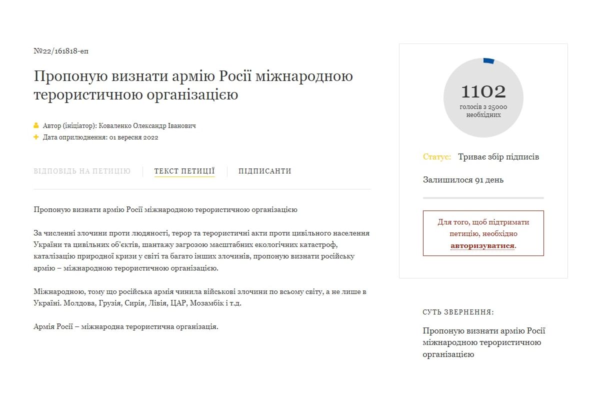 Петиція: Зеленського закликали визнати армію росії міжнародною терористичною організацією Петиція: Зеленського закликали визнати армію росії міжнародною терористичною організацією