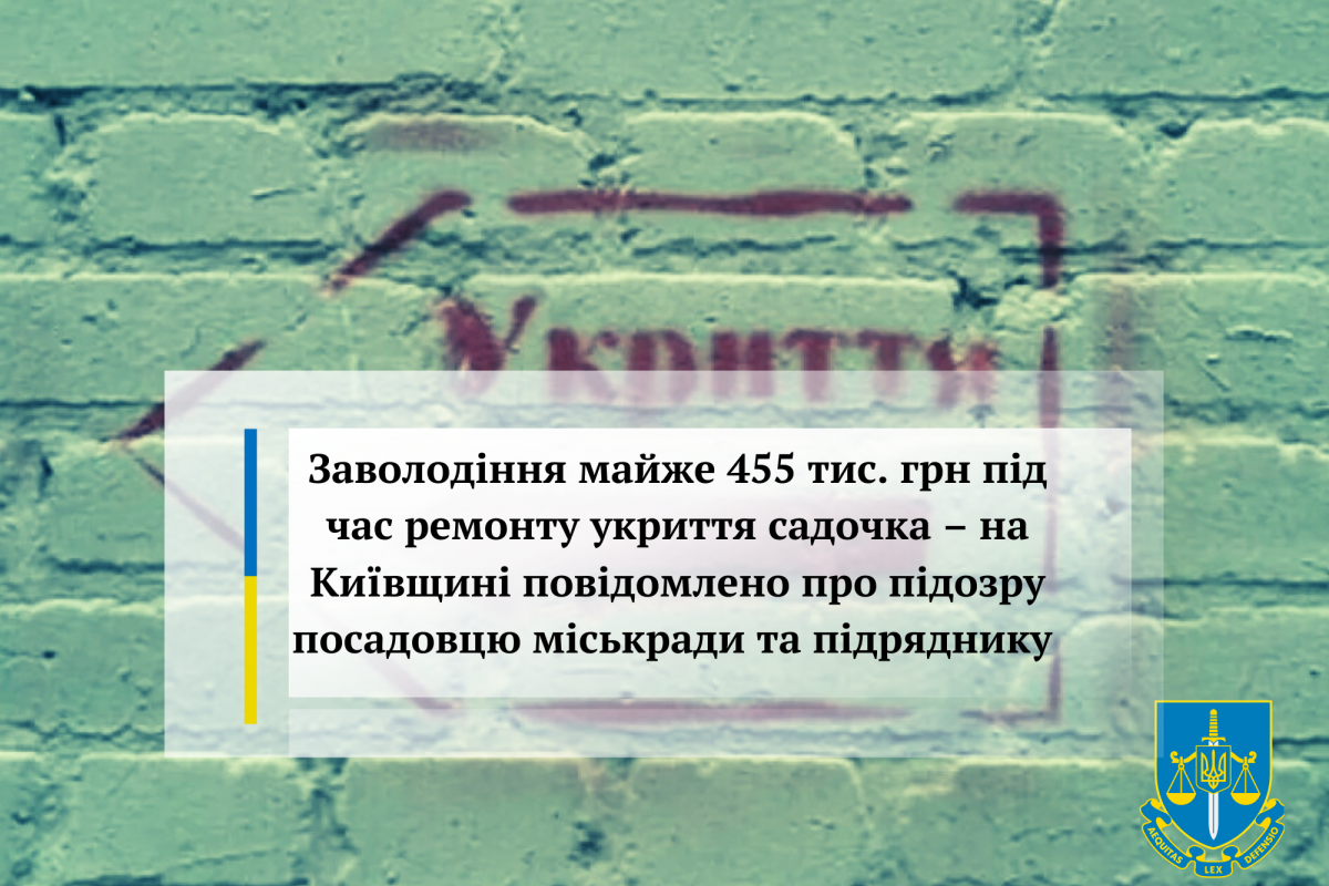 Заволодіння майже 455 тис. грн під час ремонту укриття садочка – на Київщині повідомлено про підозру посадовцю міськради та підряднику Заволодіння майже 455 тис. грн під час ремонту укриття садочка – на Київщині повідомлено про підозру посадовцю міськради та підряднику