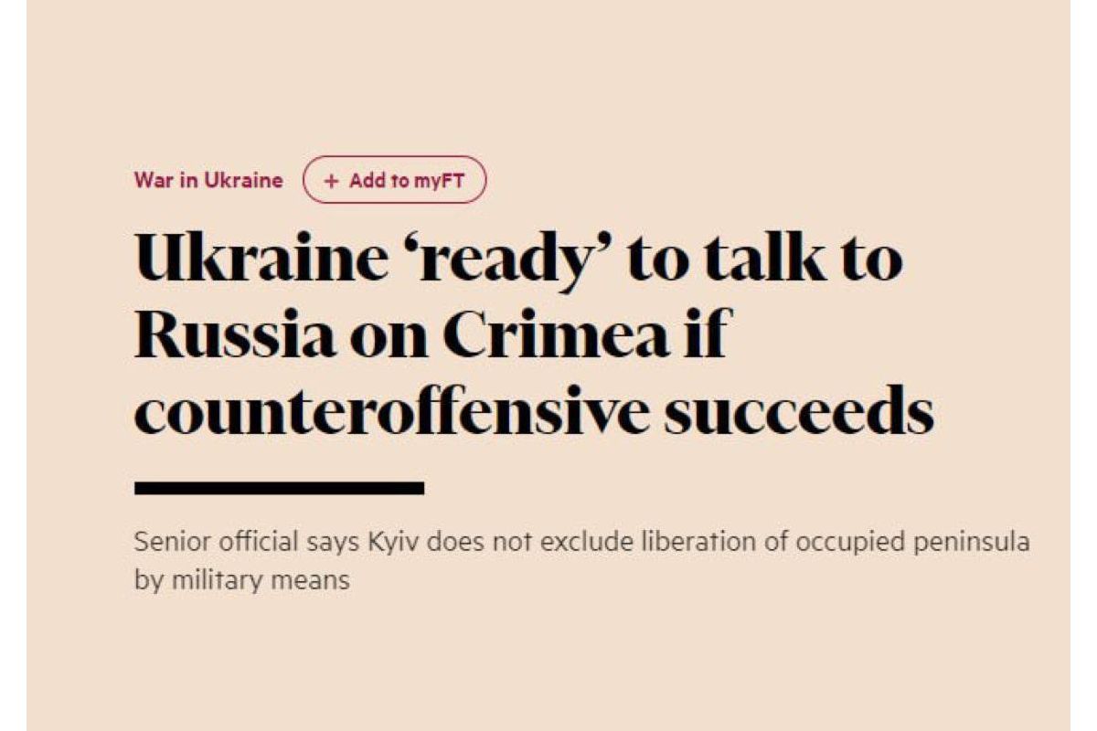 Україна «готова» вести переговори з росією щодо Криму у разі успішного контрнаступу, заявив заступник голови ОП Андрій Сибіга в інтерв'ю Financial Times Україна «готова» вести переговори з росією щодо Криму у разі успішного контрнаступу, заявив заступник голови ОП Андрій Сибіга в інтерв'ю Financial Times