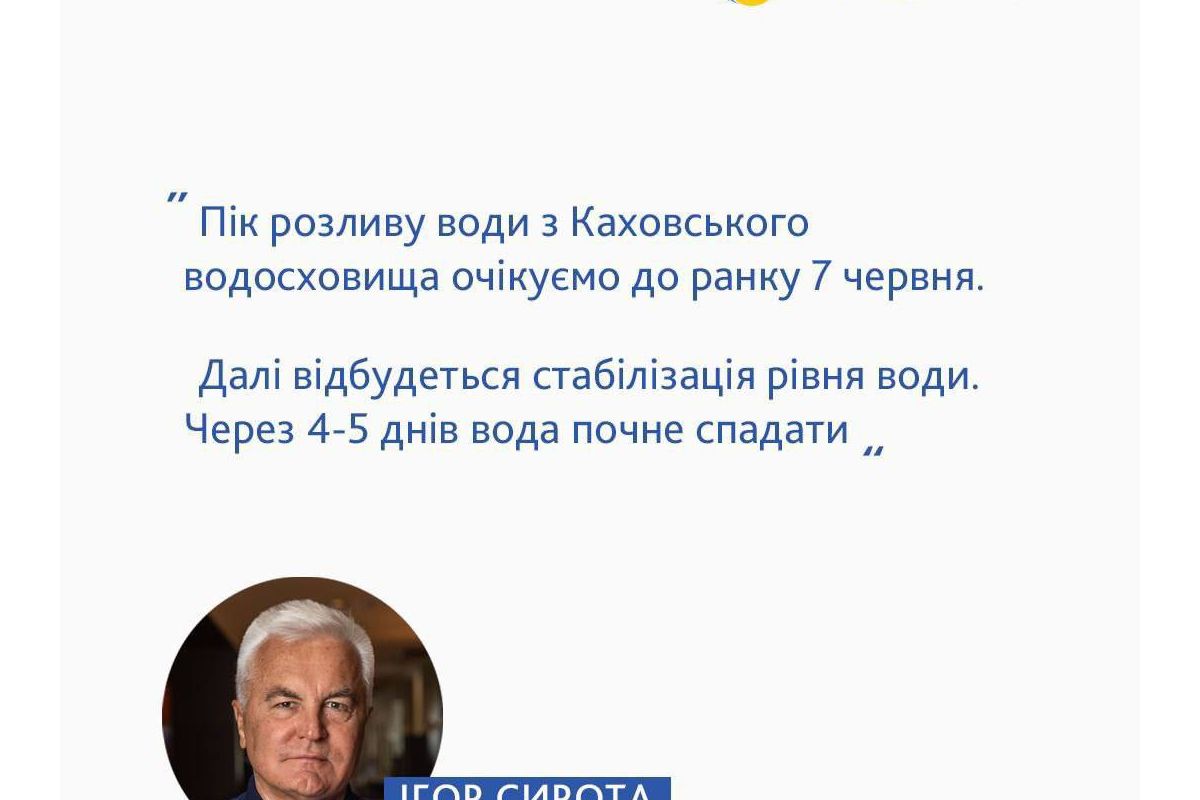 Пік розливу води з Каховського водосховища припаде на ранок 7 червня, – Укргідроенерго