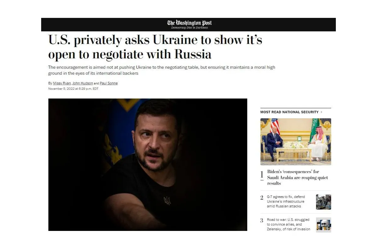Адміністрація Байдена приватно просить українське керівництво показати відкритість для переговорів з росією, пише Washington Post