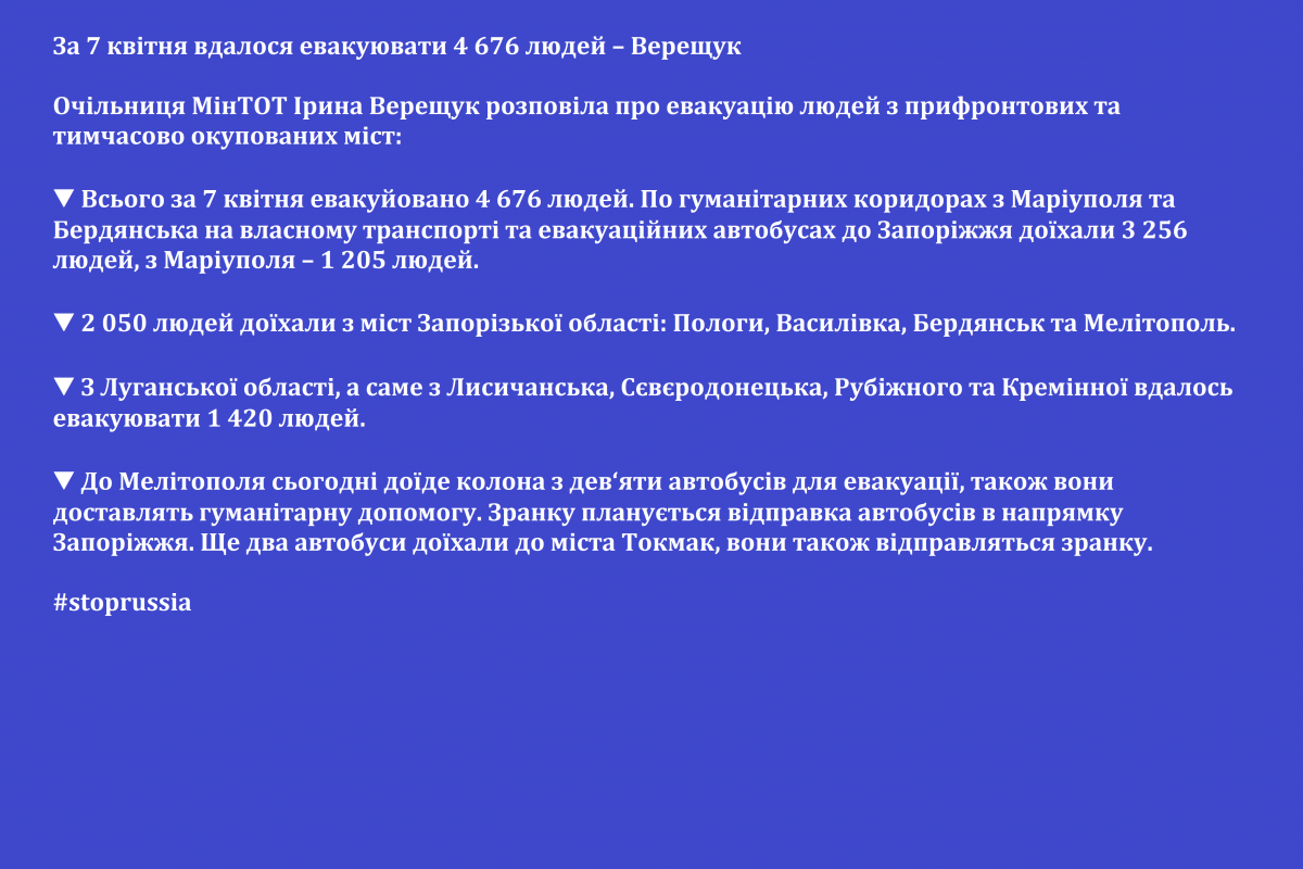 Російське вторгнення в Україну : За 7 квітня вдалося евакуювати 4 676 людей – Верещук Російське вторгнення в Україну : За 7 квітня вдалося евакуювати 4 676 людей – Верещук