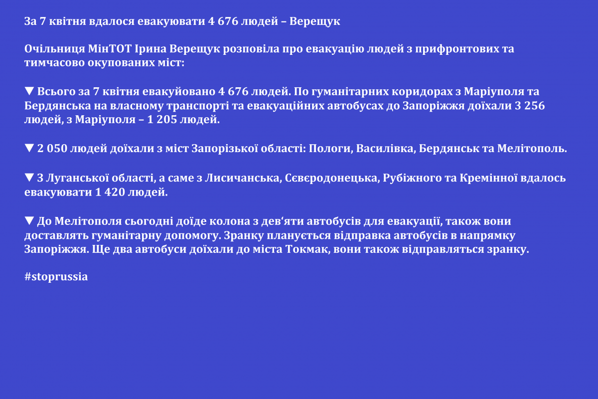 Російське вторгнення в Україну : За 7 квітня вдалося евакуювати 4 676 людей – Верещук