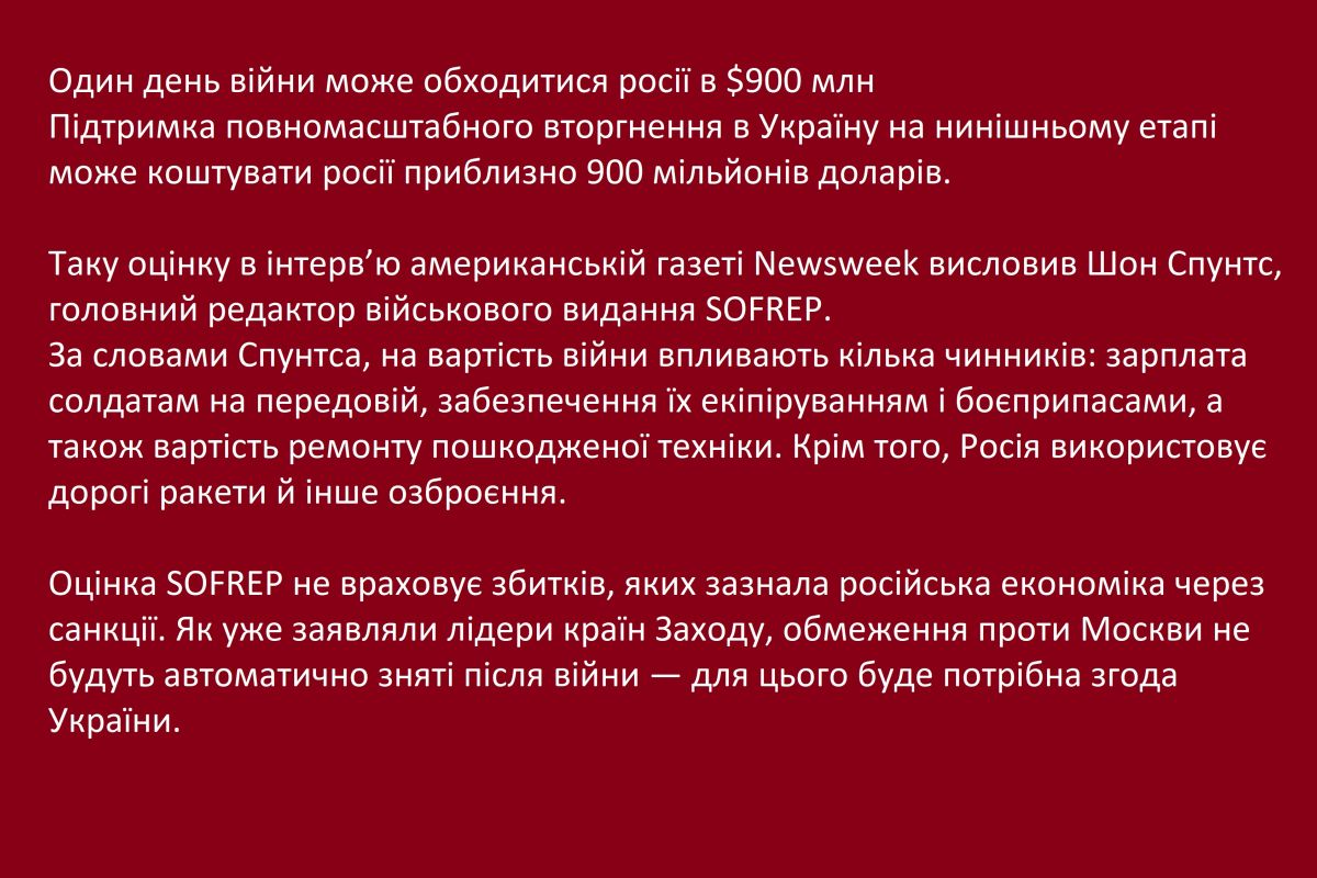 Один день війни може обходитися росії в $900 млн Один день війни може обходитися росії в $900 млн