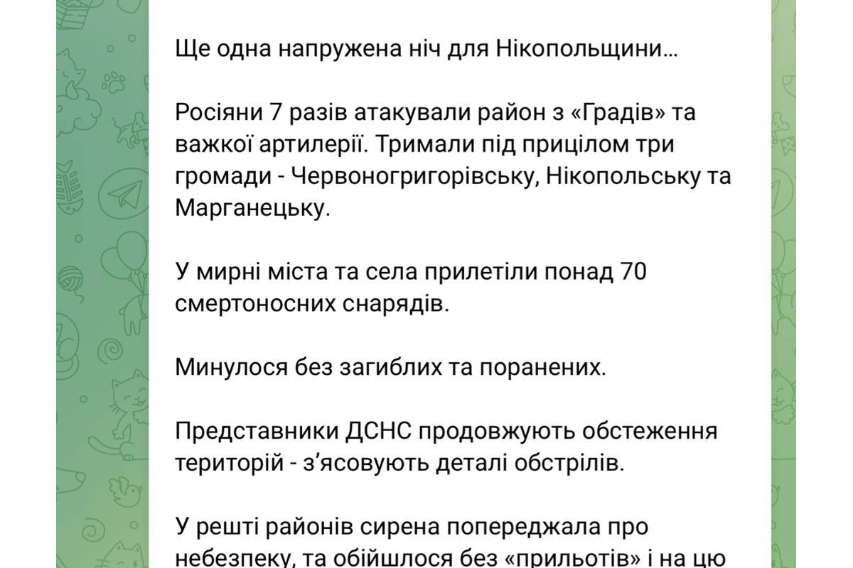 Росіяни 7 разів атакували Нікопольщину з «Градів» та важкої артилерії Росіяни 7 разів атакували Нікопольщину з «Градів» та важкої артилерії