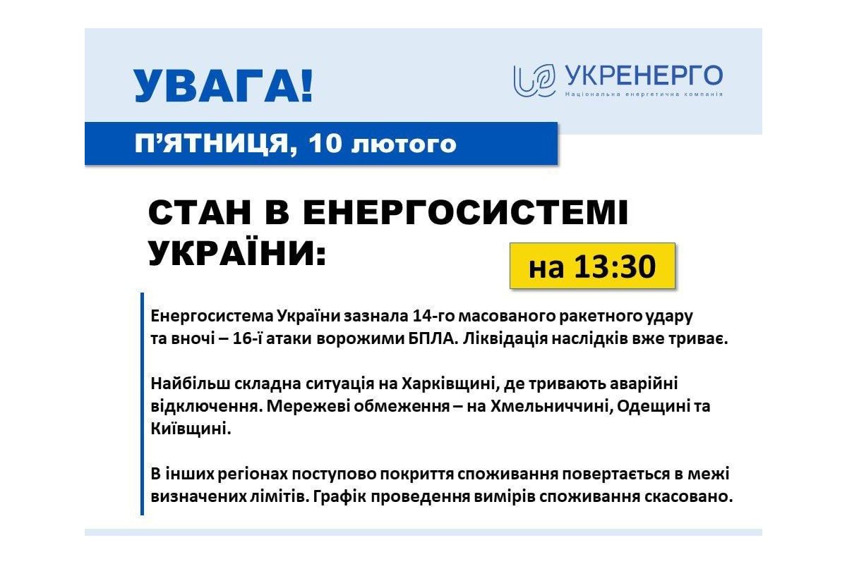 Основною метою ударів рф були електростанції та об'єкти високовольтної мережі, — повідомляють в Укренерго