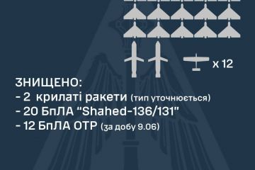 Вночі над Україною знищили 2 крилаті ракети та 20 БпЛА Вночі над Україною знищили 2 крилаті ракети та 20 БпЛА