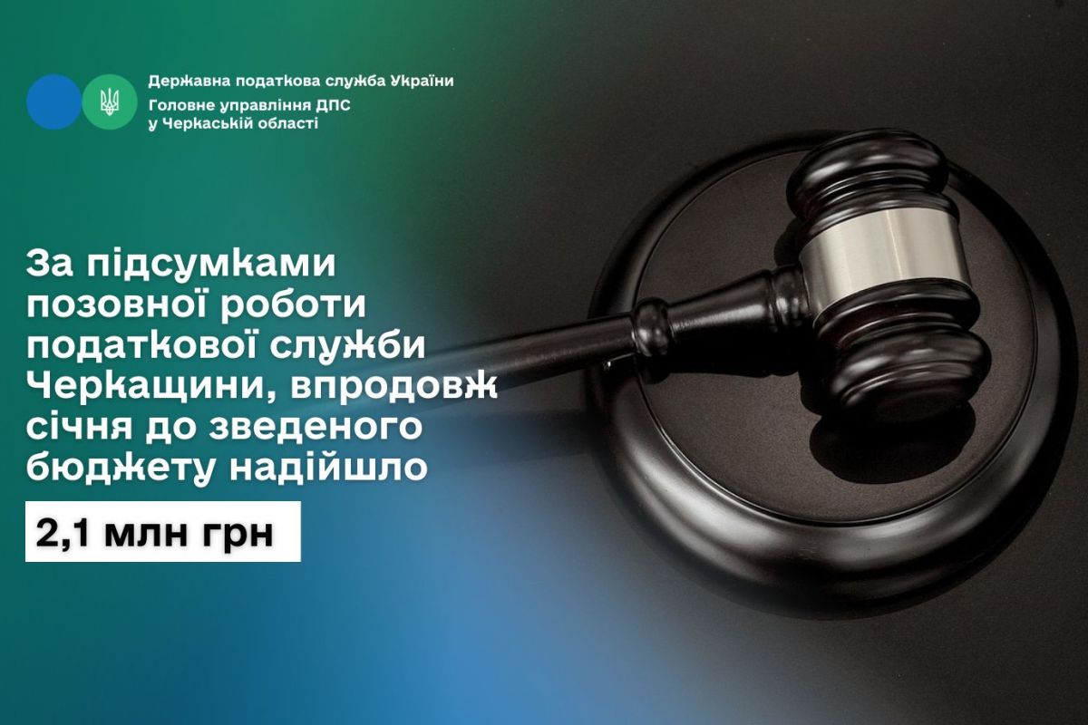 Підсумки позовної роботи податкової служби Черкащини: за січень до зведеного бюджету надійшло 2,1 млн грн Підсумки позовної роботи податкової служби Черкащини: за січень до зведеного бюджету надійшло 2,1 млн грн