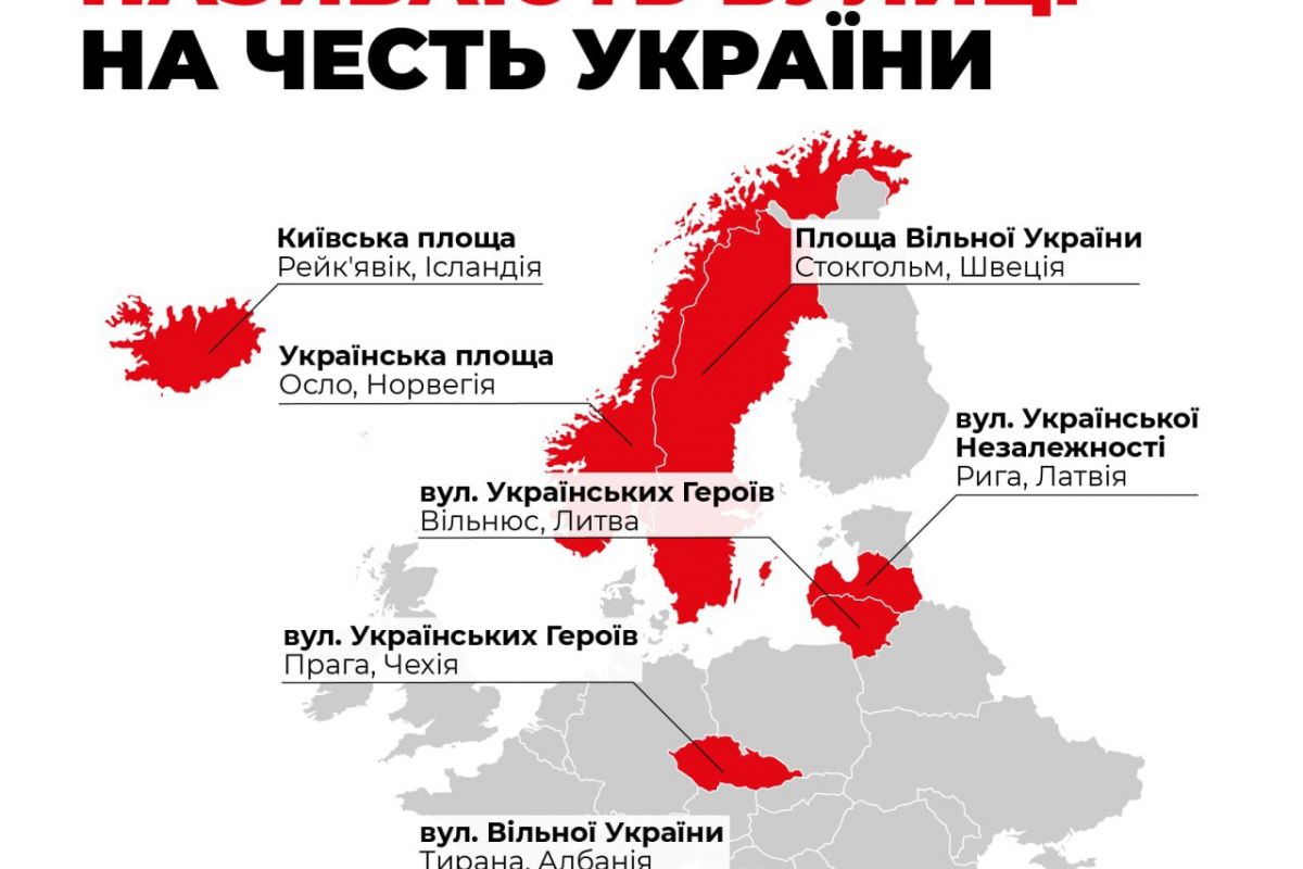 Російське вторгнення в Україну : У Європі вулиці та площі називають на честь українських героїв. Російське вторгнення в Україну : У Європі вулиці та площі називають на честь українських героїв.