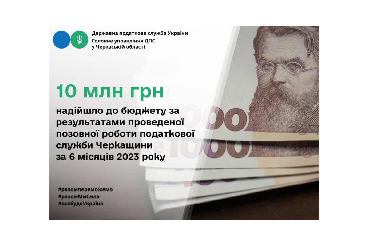 Результати проведеної позовної роботи податкової служби Черкащини: за 6 місяців 2023 року до бюджету надійшло 10 млн гривень Результати проведеної позовної роботи податкової служби Черкащини: за 6 місяців 2023 року до бюджету надійшло 10 млн гривень