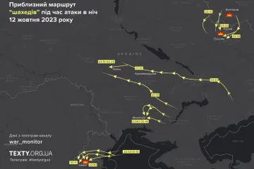 ​Візуалізація приблизного маршруту ударних БпЛА «Шахед» під час нічної атаки 12.10.23