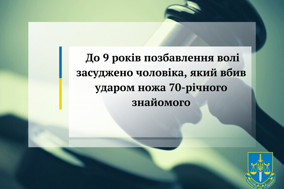 До 9 років позбавлення волі засуджено чоловіка, який вбив ударом ножа 70-річного знайомого До 9 років позбавлення волі засуджено чоловіка, який вбив ударом ножа 70-річного знайомого