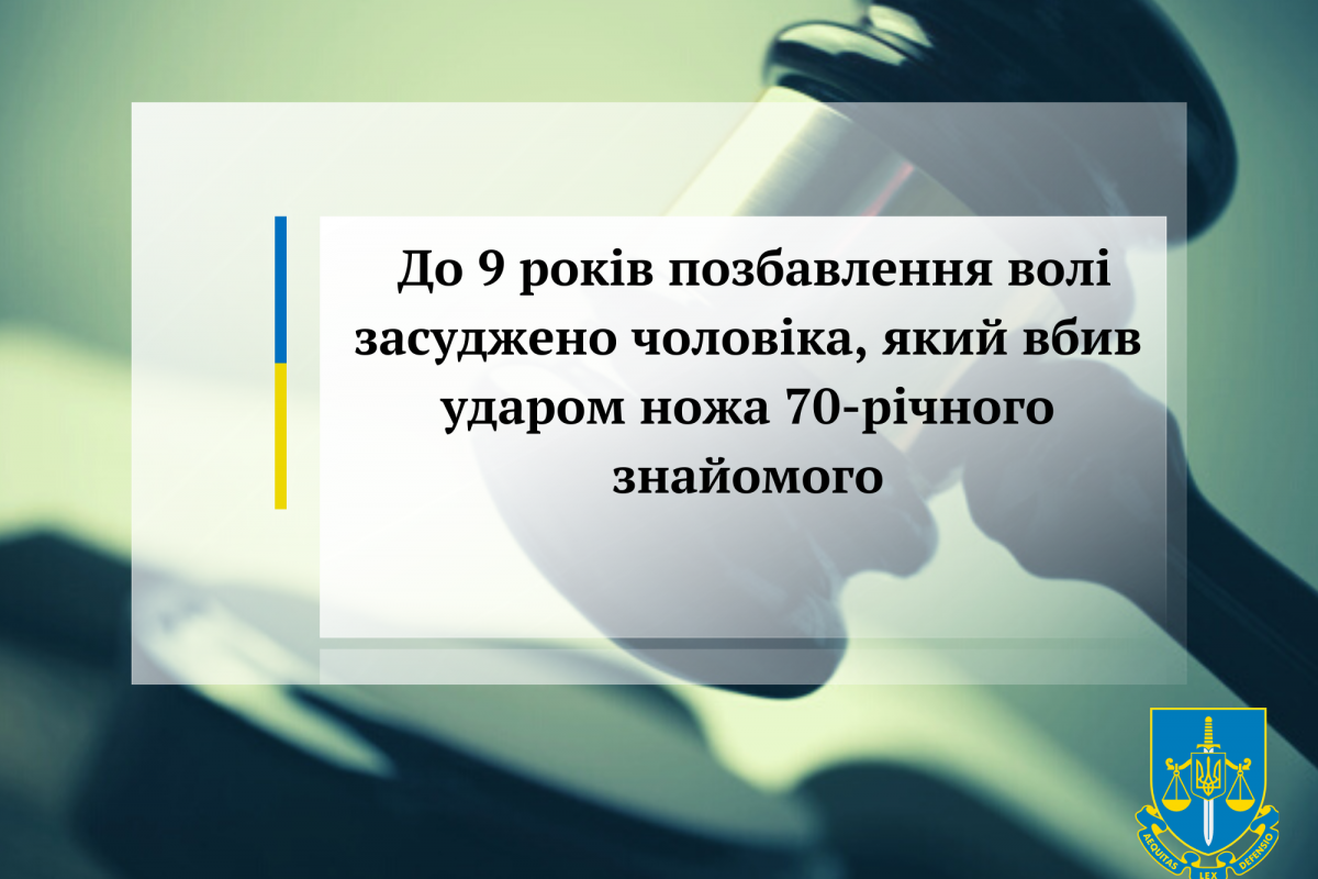 До 9 років позбавлення волі засуджено чоловіка, який вбив ударом ножа 70-річного знайомого