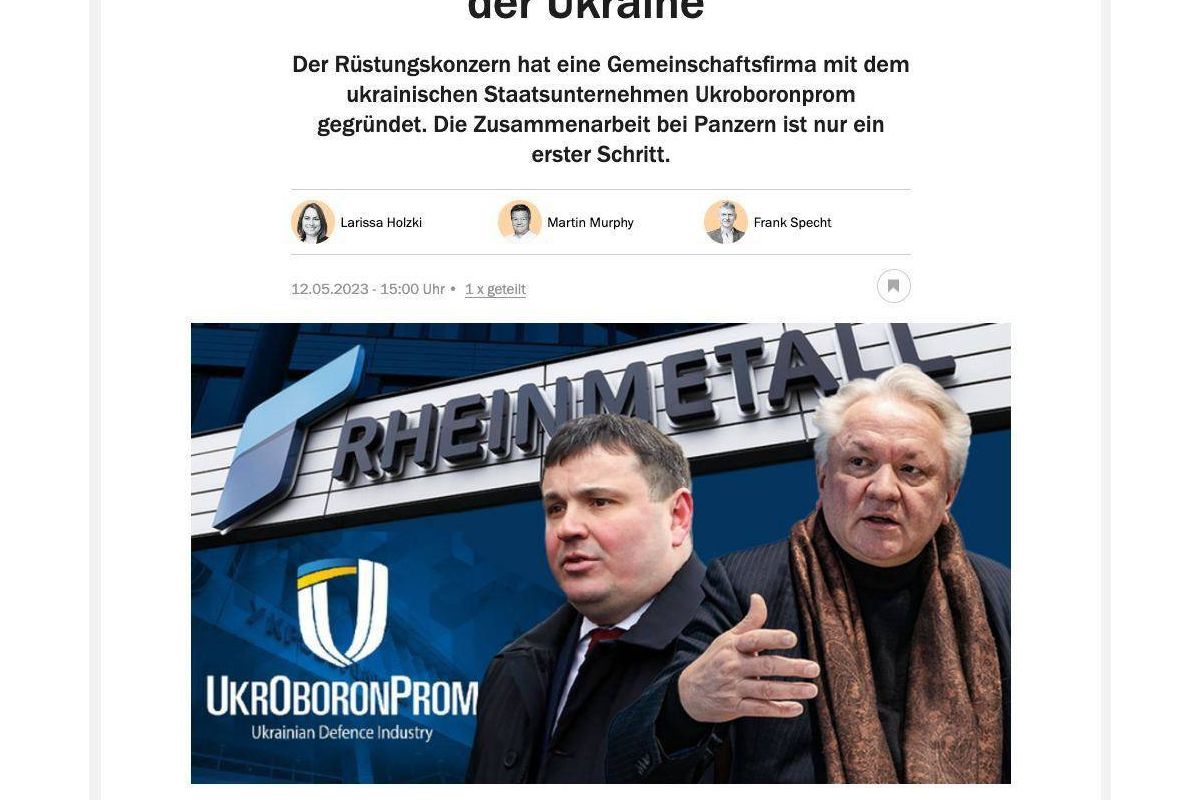 Німецький збройовий концерн Rheinmetall та «Укроборонпром» заснували спільне підприємство, щоб ремонтувати та виробляти танки в Україні, — Handelsblatt Німецький збройовий концерн Rheinmetall та «Укроборонпром» заснували спільне підприємство, щоб ремонтувати та виробляти танки в Україні, — Handelsblatt