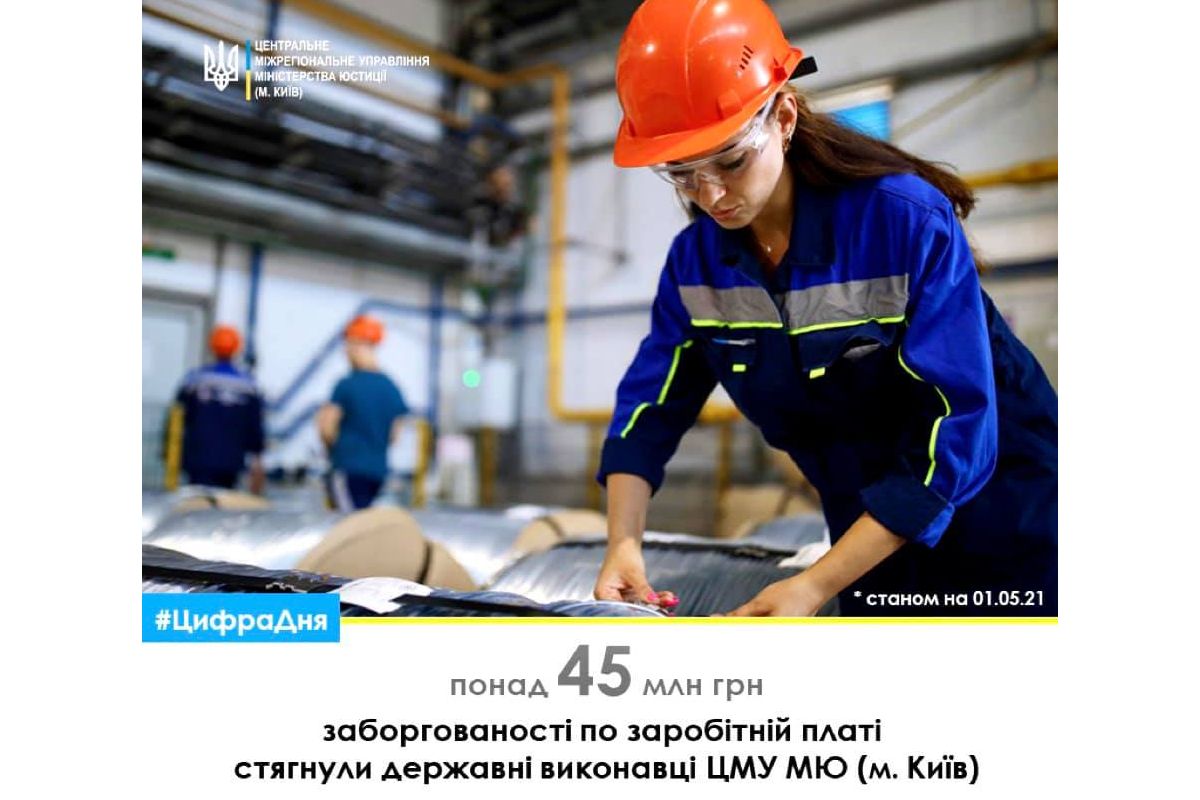 45 048 286 гривень заборгованості по заробітній платі та інших виплат, пов’язаних з трудовими правовідносинами стягнули державні виконавці Центрального міжрегіонального управління Міністерства юстиції (м. Київ) станом на 01.05 45 048 286 гривень заборгованості по заробітній платі та інших виплат, пов’язаних з трудовими правовідносинами стягнули державні виконавці Центрального міжрегіонального управління Міністерства юстиції (м. Київ) станом на 01.05