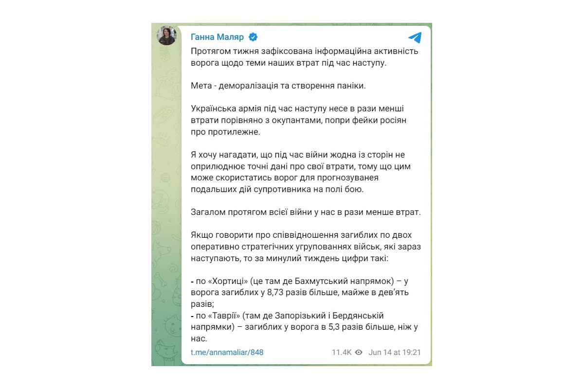 Втрати росіян за тиждень українських наступальних дій вп'ятеро перевищили втрати ЗСУ, — Маляр Втрати росіян за тиждень українських наступальних дій вп'ятеро перевищили втрати ЗСУ, — Маляр