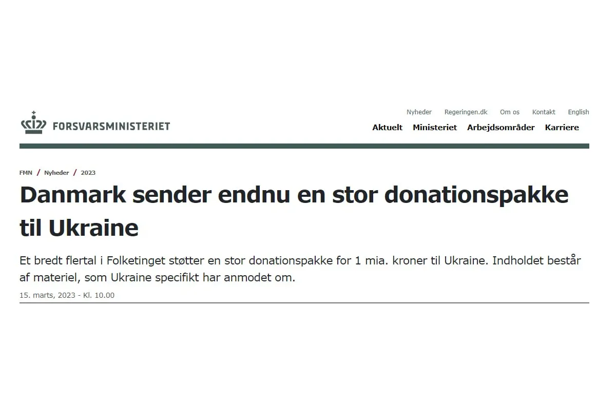 Данія направить новий пакет військової допомоги Україні загальною вартістю 140 мільйонів доларів, — міністерство оборони Данії
