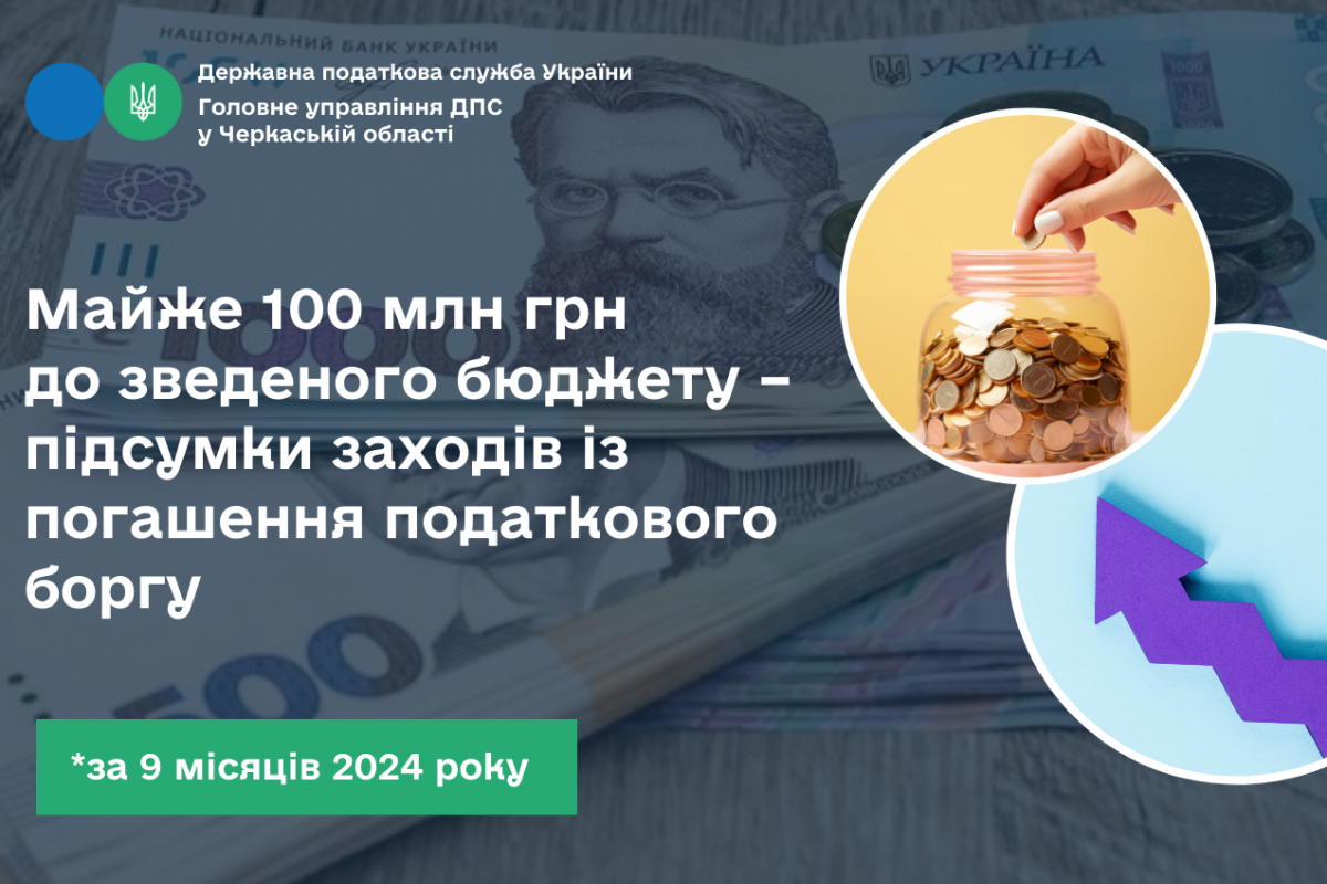 Майже 100 млн грн до зведеного бюджету – підсумки заходів із погашення податкового боргу за 9 місяців 2024 року Майже 100 млн грн до зведеного бюджету – підсумки заходів із погашення податкового боргу за 9 місяців 2024 року
