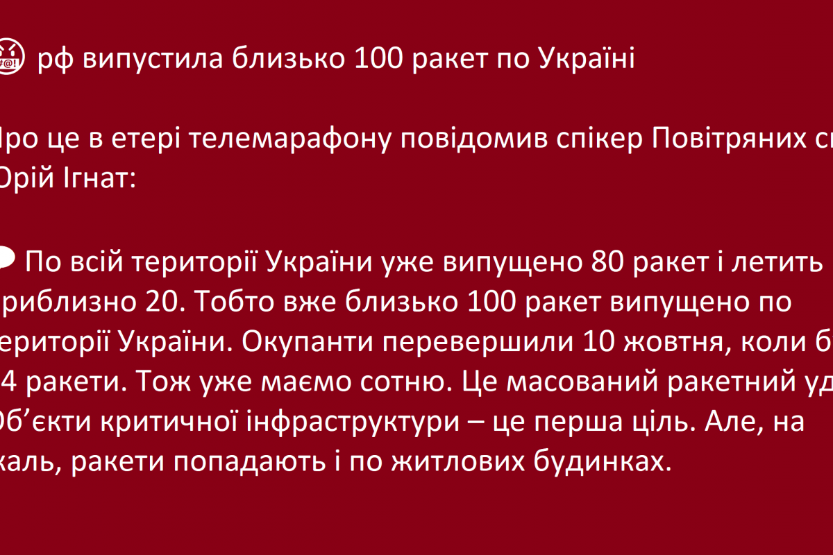 рф випустила близько 100 ракет по Україні рф випустила близько 100 ракет по Україні