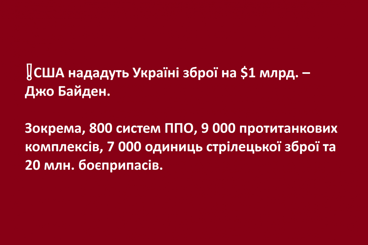 ❗️США нададуть Україні зброї на $1 млрд. – Джо Байден. - Зокрема, 800 систем ППО, 9 000 протитанкових комплексів, 7 000 одиниць стрілецької зброї та 20 млн. боєприпасів. ❗️США нададуть Україні зброї на $1 млрд. – Джо Байден. - Зокрема, 800 систем ППО, 9 000 протитанкових комплексів, 7 000 одиниць стрілецької зброї та 20 млн. боєприпасів.