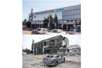 Російське вторгнення в Україну : Залізничний вокзал Маріуполя до та після вторгнення російських військ Російське вторгнення в Україну : Залізничний вокзал Маріуполя до та після вторгнення російських військ