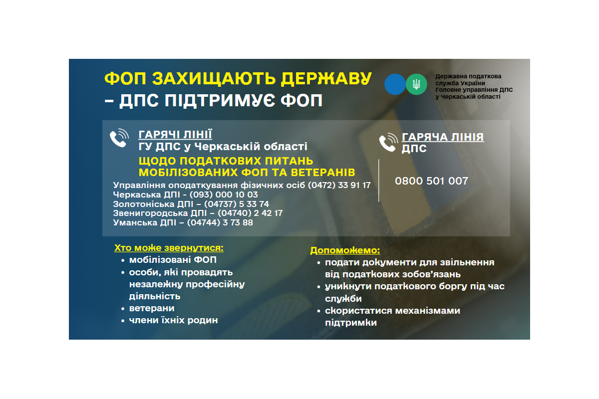 Гарячі лінії ГУ ДПС у Черкаській області щодо податкових питань мобілізовних ФОП та ветеранів Гарячі лінії ГУ ДПС у Черкаській області щодо податкових питань мобілізовних ФОП та ветеранів