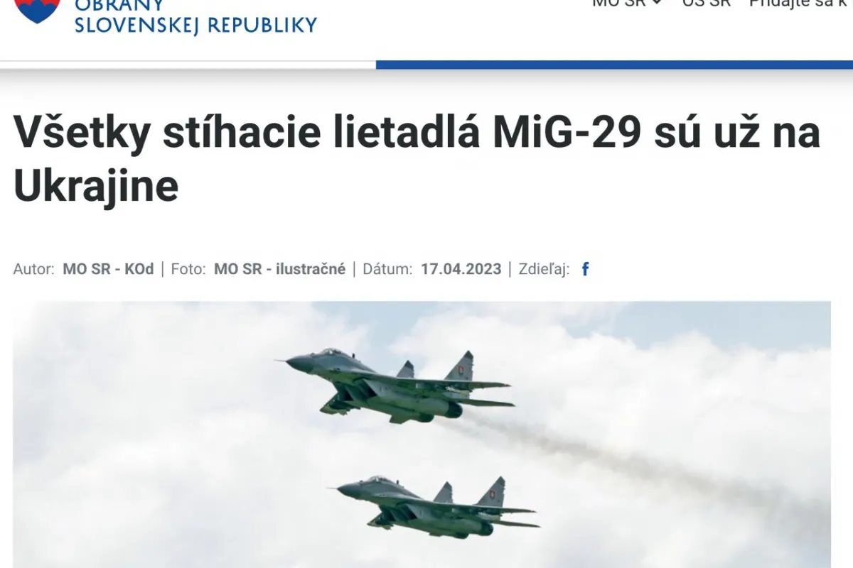 Словаччина вже передала Україні всі 13 запланоованих винищувачів МіГ-29, - МО Словаччини Словаччина вже передала Україні всі 13 запланоованих винищувачів МіГ-29, - МО Словаччини