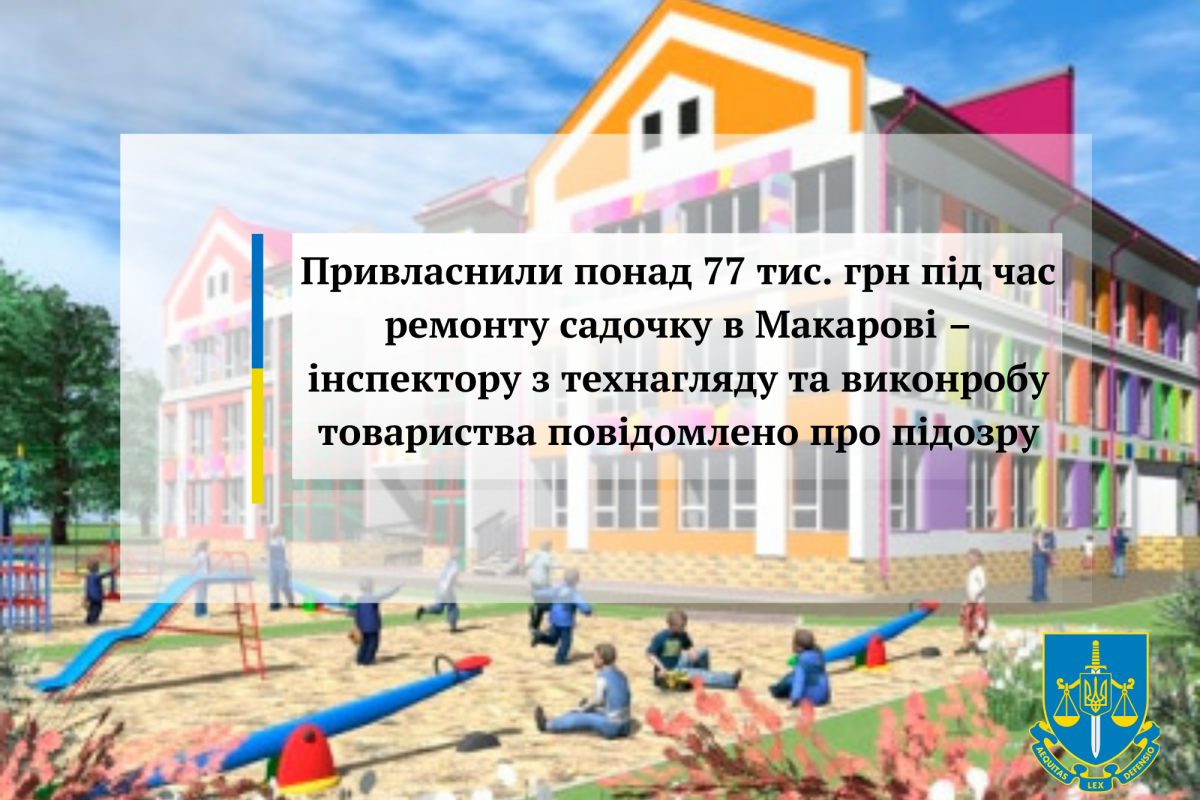 Привласнили понад 77 тис. грн під час ремонту садочку в Макарові –інспектору з технагляду та виконробу товариства повідомлено про підозру Привласнили понад 77 тис. грн під час ремонту садочку в Макарові –інспектору з технагляду та виконробу товариства повідомлено про підозру