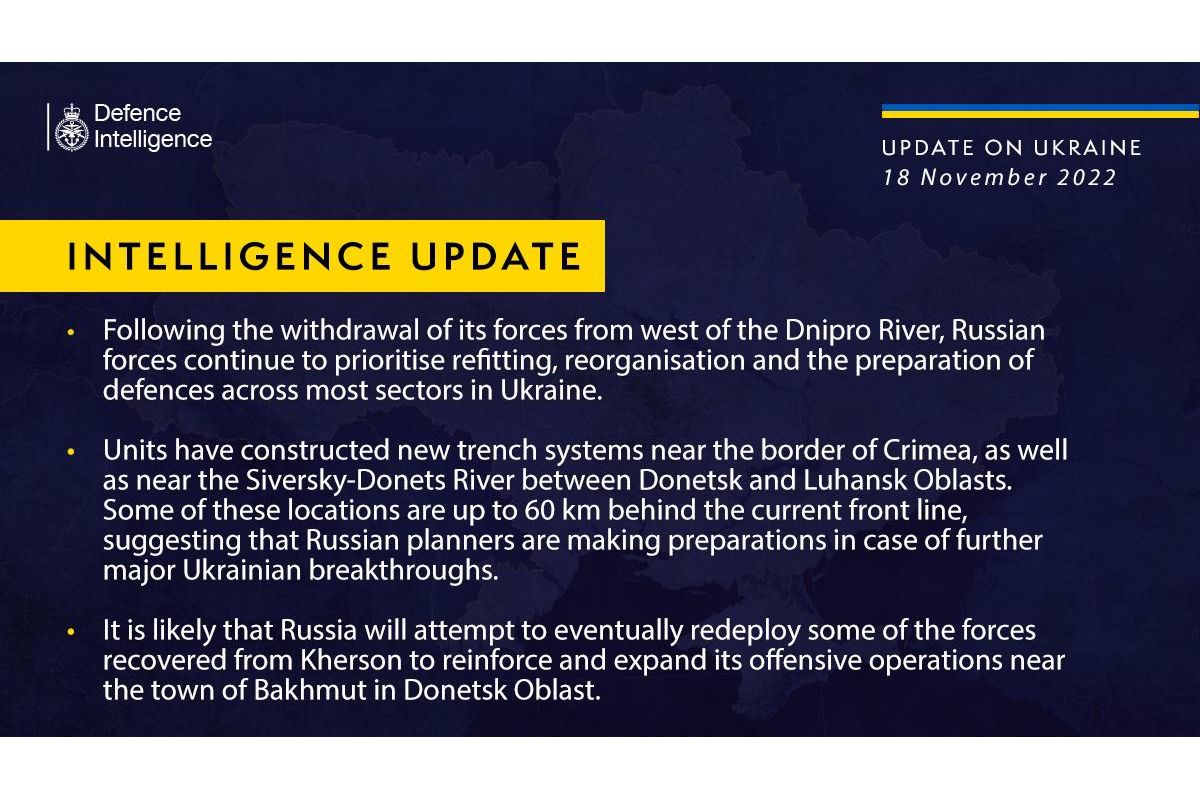 Після відведення своїх сил із заходу річки Дніпро російські сили продовжують підготовку оборони на більшості ділянках Після відведення своїх сил із заходу річки Дніпро російські сили продовжують підготовку оборони на більшості ділянках