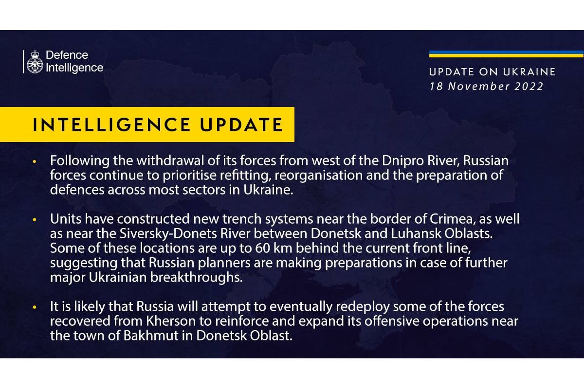 Після відведення своїх сил із заходу річки Дніпро російські сили продовжують підготовку оборони на більшості ділянках