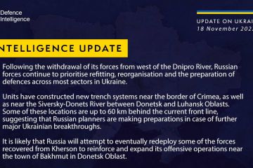 Після відведення своїх сил із заходу річки Дніпро російські сили продовжують підготовку оборони на більшості ділянках Після відведення своїх сил із заходу річки Дніпро російські сили продовжують підготовку оборони на більшості ділянках