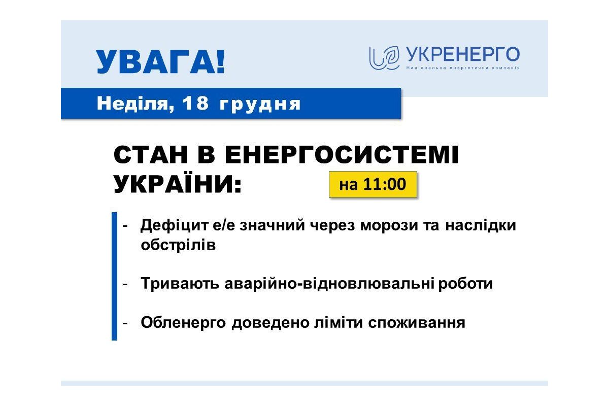 Станом на 18 грудня триває процес відновлення роботи енергосистеми Станом на 18 грудня триває процес відновлення роботи енергосистеми