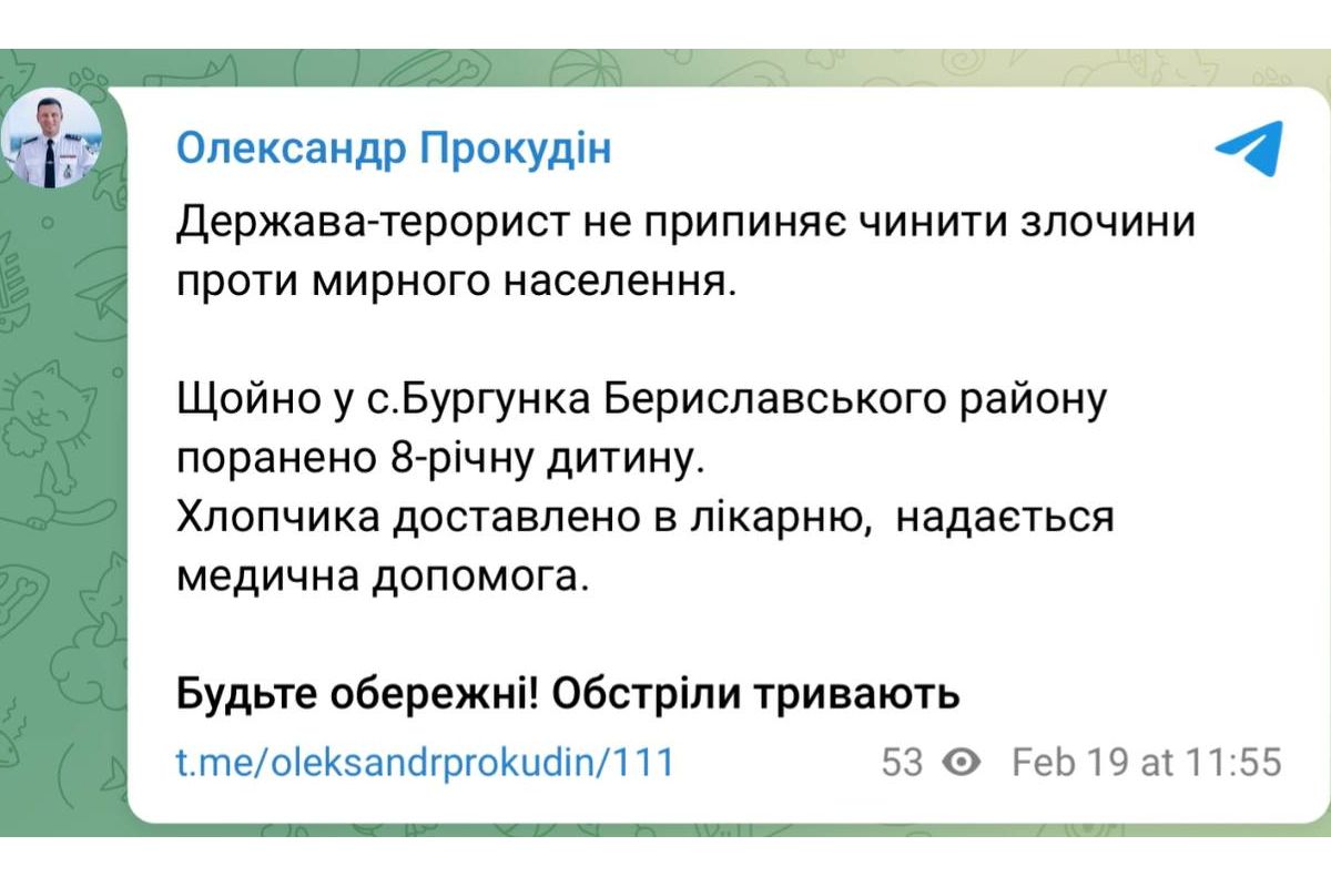 На Херсонщині внаслідок обстрілу рашистів поранено 8-річну дитину На Херсонщині внаслідок обстрілу рашистів поранено 8-річну дитину