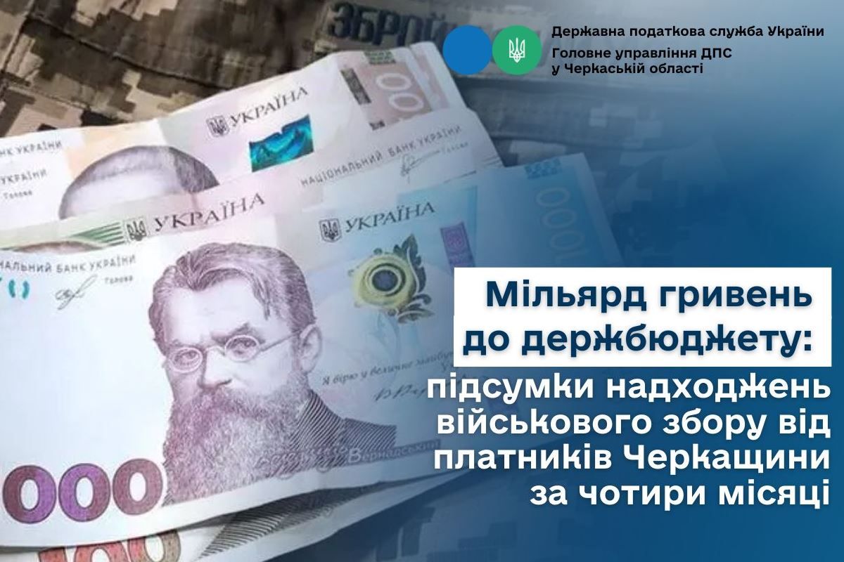 Мільярд гривень до держбюджету: підсумки надходжень військового збору від платників Черкащини за чотири місяці Мільярд гривень до держбюджету: підсумки надходжень військового збору від платників Черкащини за чотири місяці