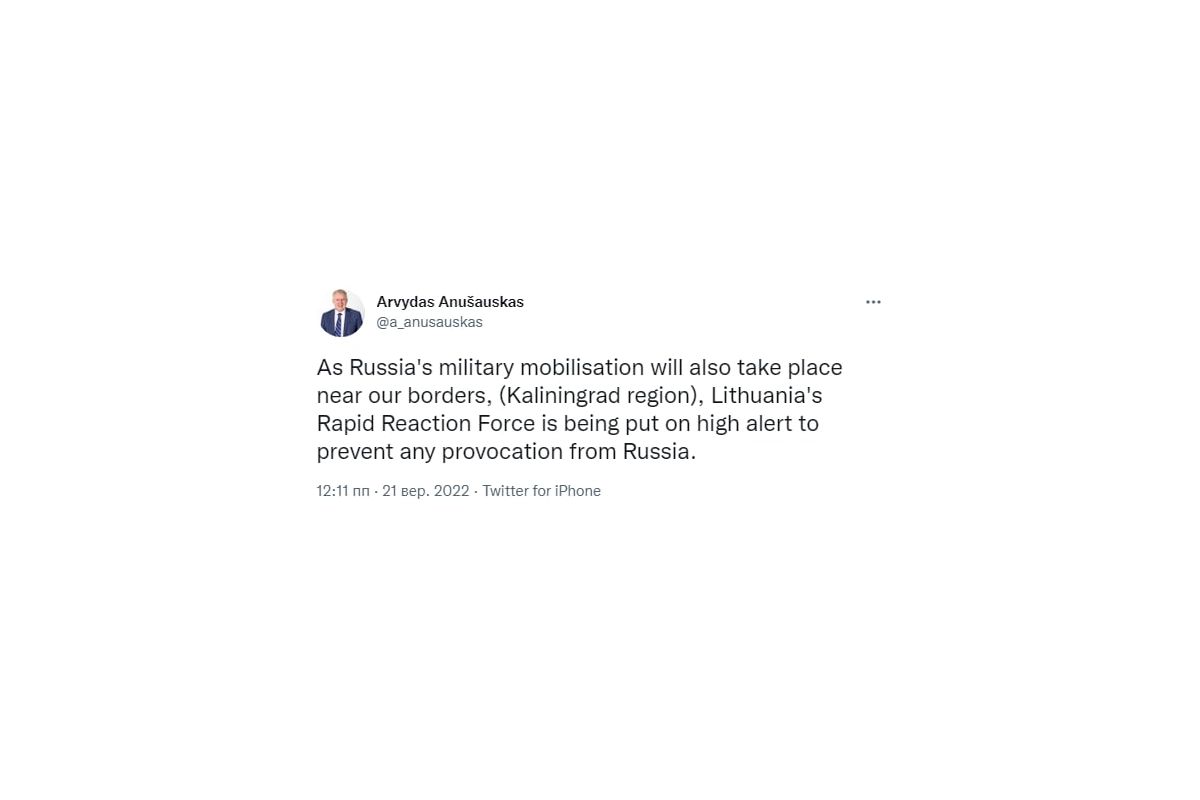 Литва переводить свої сили в стан підвищеної бойової готовності через часткову мобілізацію рф Литва переводить свої сили в стан підвищеної бойової готовності через часткову мобілізацію рф