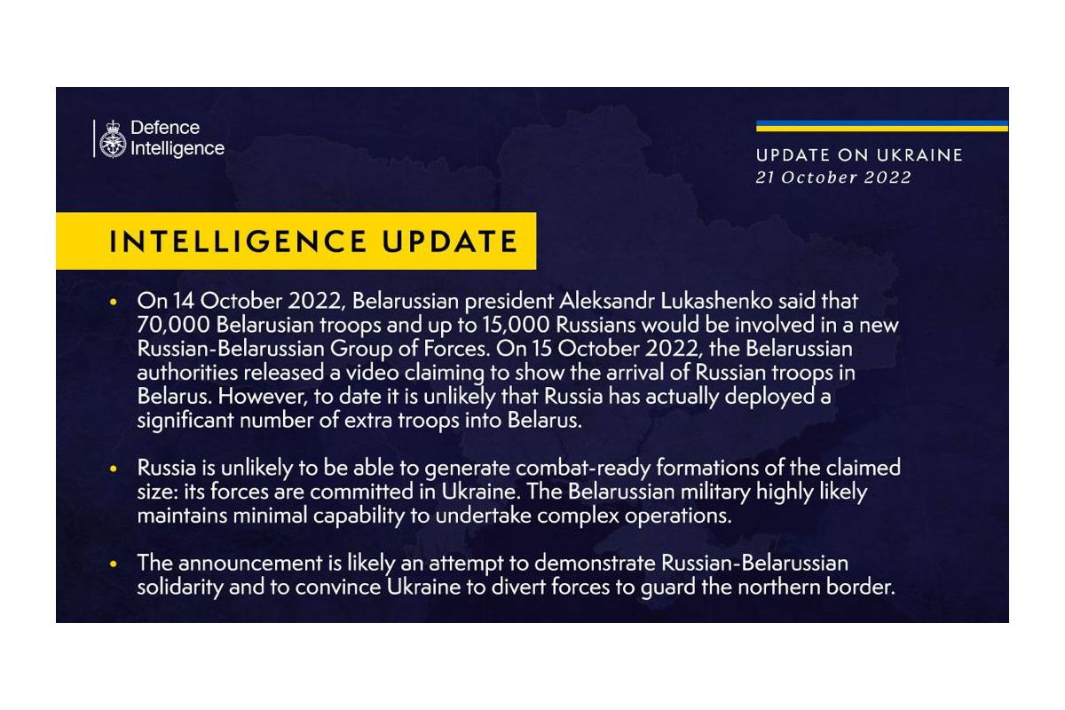 Британська розвідка озвучила, що лукашенко заявив, що до нового угрупування російсько-білоруського війська буде залучено 70 тис. білорусів та 15 тис. росіян