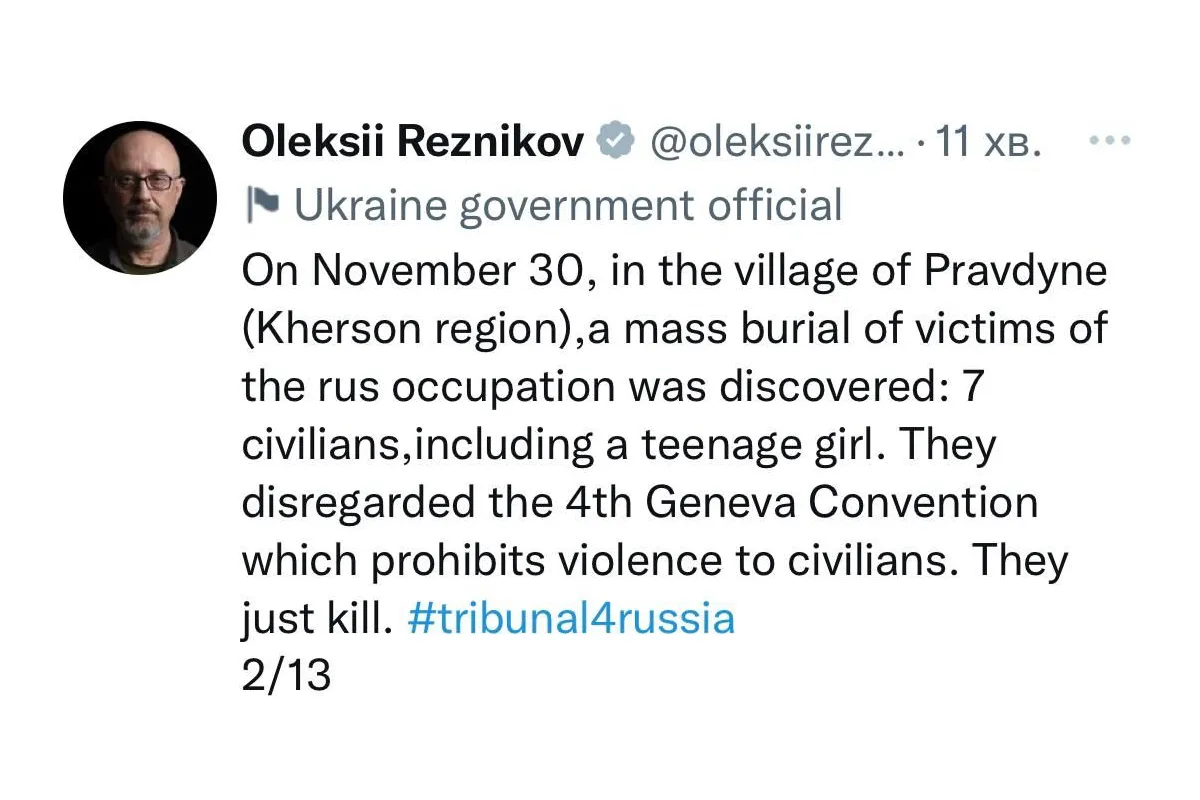 30 листопада в селі Правдине (Херсонська область) виявлено масове поховання жертв російської окупації