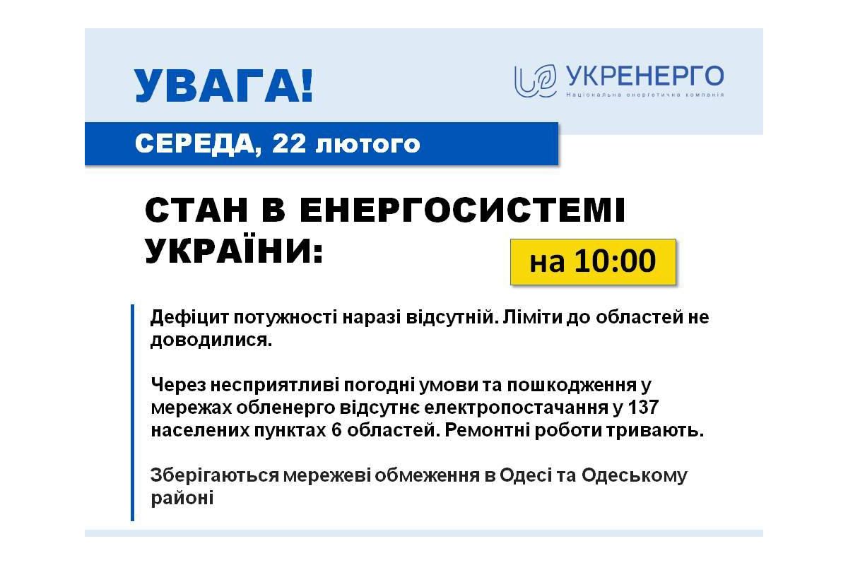 Понад 100 населених пунктів у Київській, Житомирській, Волинській, Чернівецькій, Хмельницькій та Тернопільській областях залишаються без світла через погані погодні умови – «Укренерго»