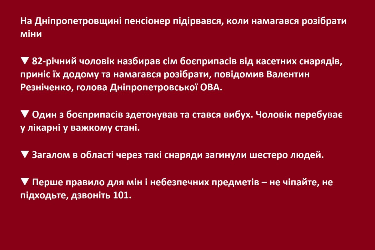 На Дніпропетровщині пенсіонер підірвався, коли намагався розібрати міни