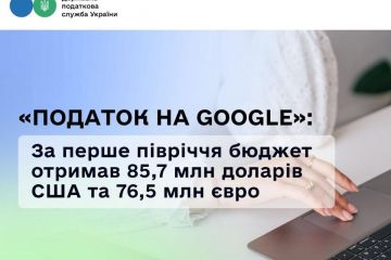 «Податок на Google»: За перше півріччя бюджет отримав 85,7 млн доларів США та 76,5 млн євро «Податок на Google»: За перше півріччя бюджет отримав 85,7 млн доларів США та 76,5 млн євро