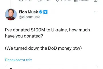 ​Ілон Маск заявив, що задонатив на допомогу Україні $100 млн
