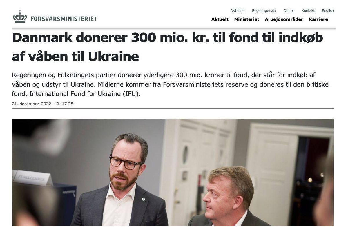Данія виділила 300 млн крон (близько $43 млн) на закупівлю зброї та обладнання для України Данія виділила 300 млн крон (близько $43 млн) на закупівлю зброї та обладнання для України