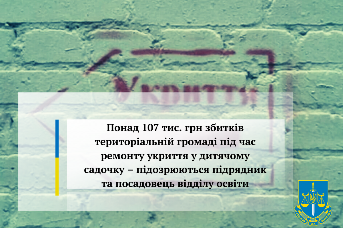 Понад 107 тис. грн збитків територіальній громаді під час ремонту укриття у дитячому садочку – підозрюються підрядник та посадовець відділу освіти