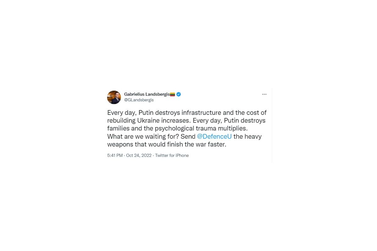 Міністр закордонних справ Литви закликав надіслати Україні більше важкого озброєння, щоб якнайшвидше закінчити цю війну Міністр закордонних справ Литви закликав надіслати Україні більше важкого озброєння, щоб якнайшвидше закінчити цю війну