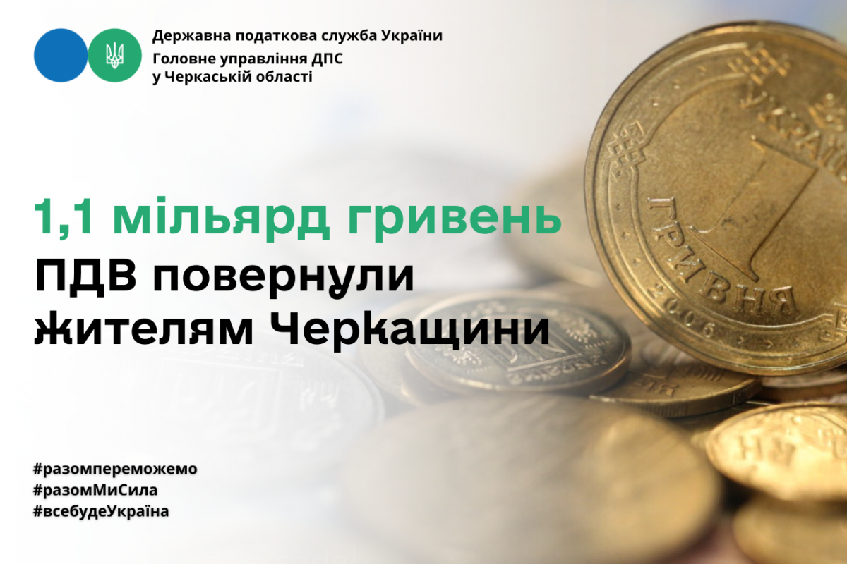1,1 мільярд гривень ПДВ повернули жителям Черкащини 1,1 мільярд гривень ПДВ повернули жителям Черкащини